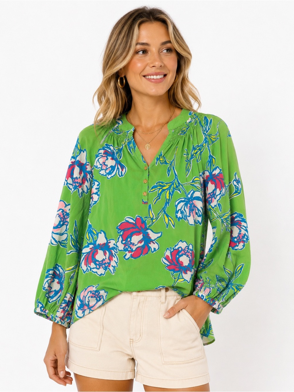 Lilly Pulitzer Bright Green Floral Button V-Neck Blouse